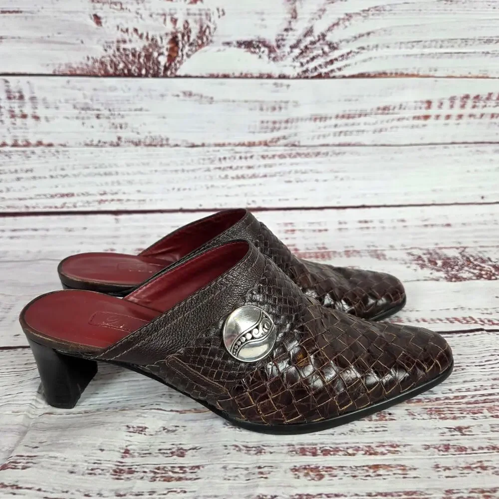 Brighton Twirl Woven Leather Mules Sz 8M Earthy Brown Chunky Heel Slip on Shoes